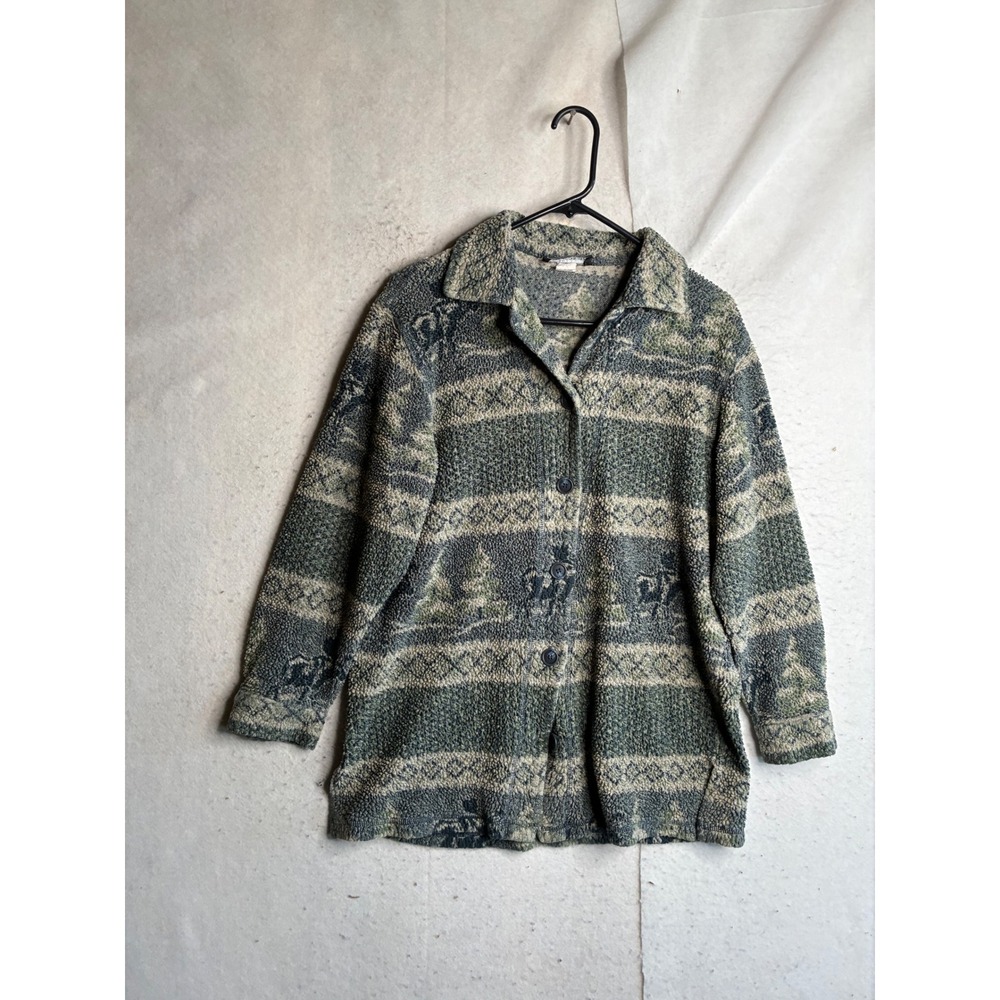 VTG Carol Anderson Collection Fleece Jacket Large Green Moose Nature USA Made